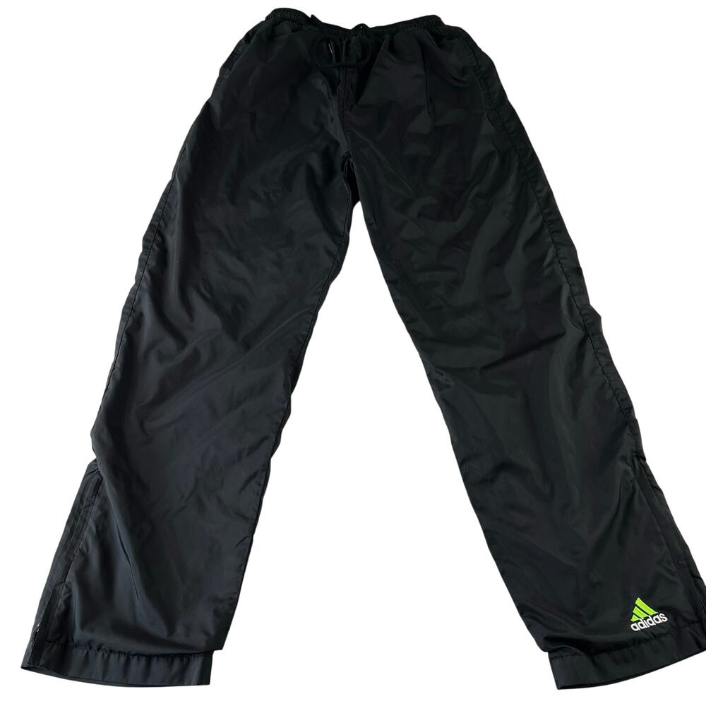 Adidas Vintage Jersey Lined Black Wind Pants Youth Boys size Large Green Logo